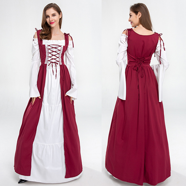 中世纪宫廷酒红色连衣裙